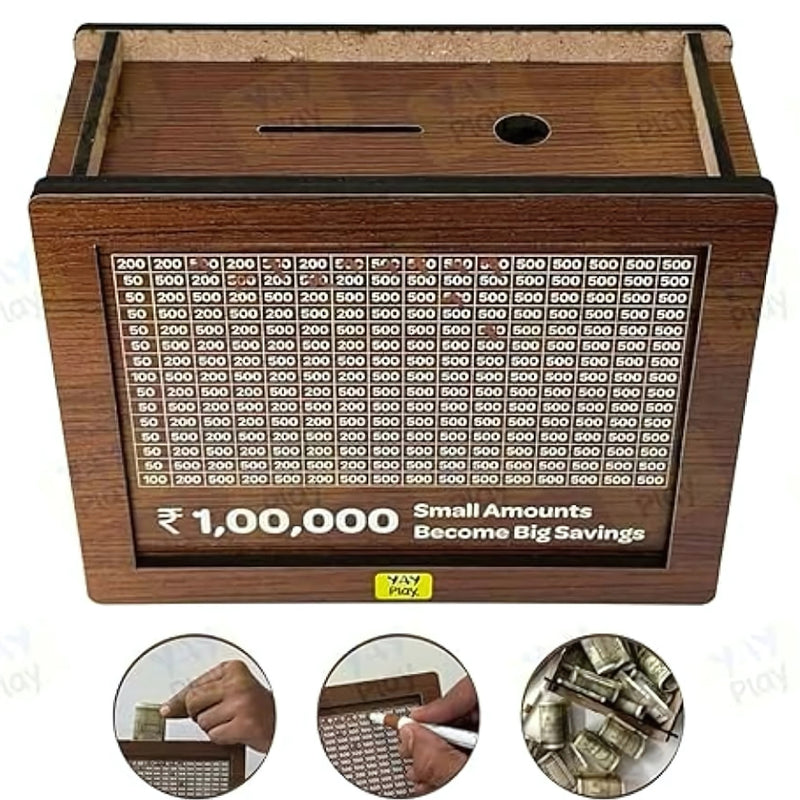 Wooden Money Saving Box (₹100,000 INR Capacity)