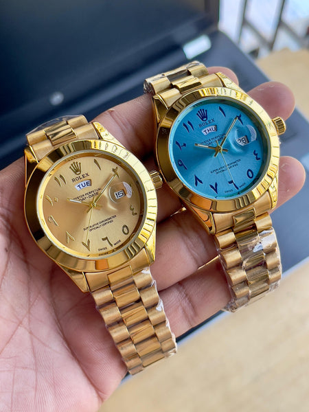 Rol.ex Arabic numerals date-day golden watch