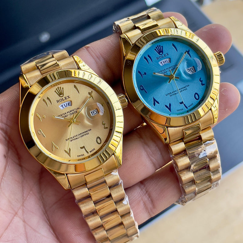 Rol.ex Arabic numerals date-day golden watch