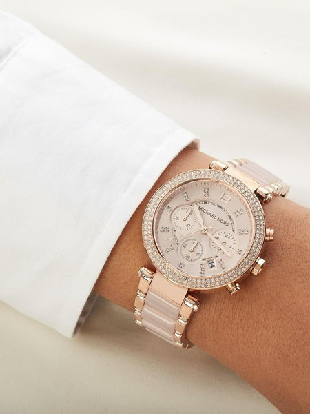 Micha.el Ko.rs MK Women's Parker Crystal Rose Gold and Pink 39mm Plum Tone Watch quartz movement