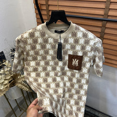 AMI.RI  MONOGRAM PRINTED LEATHER POCKET IMPORTED DROP SHOULDER T-SHIRT