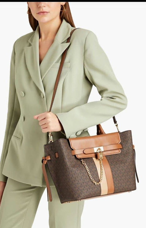 MICH.AEL KO.RS HAMILTON LEGACY LARGE LOGO STRIPE BELTED SATCHEL