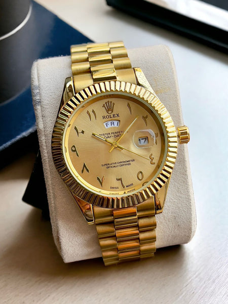 Rol.ex Arabic numerals date-day golden watch