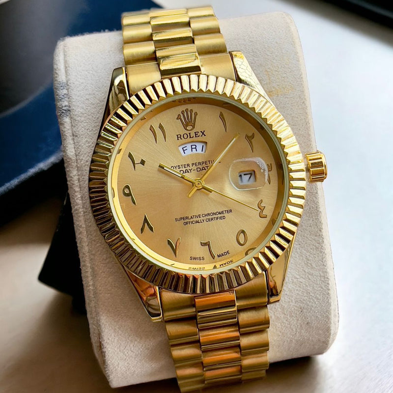 Rol.ex Arabic numerals date-day golden watch